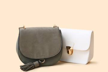 Different stylish bags on beige background