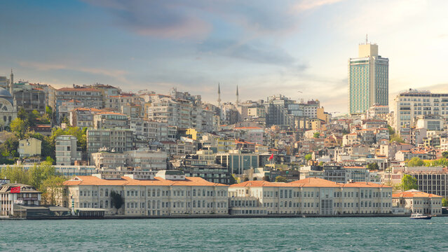 Panoramic view of the Bosphorus skyline, with Mimar Sinan Fine Art University in the foreground before sunset, Istanbul, Turkey