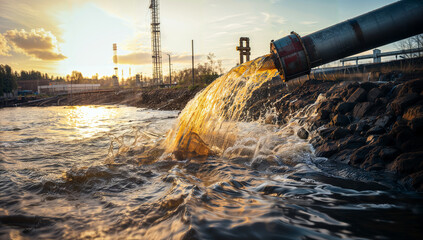 Wastewater pollution, industrial pipe, sewage, dirty water leakage into the river, environment, ecology and pollution concept