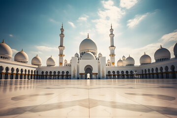 beautiful mosque with grand architecture. It features multiple domes and tall, slender minarets. The architecture is predominantly white, giving it a pure and serene appearance