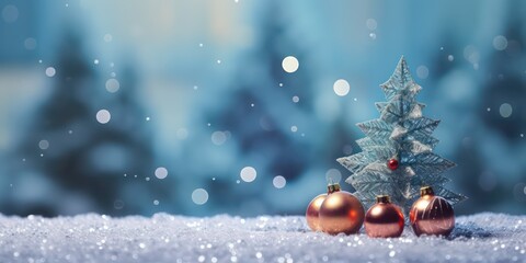 Fototapeta premium Christmas banner greeting with beautiful fluffy fir branches and inscription merry Christmas Border of fir branches with balls invitation card and banner