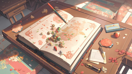 Anime scene of an open book and craft materials for art making