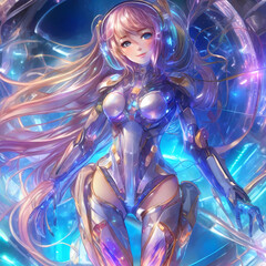 Pretty anime girl with headphones with a futuristic suit, robotic style, foiled colors, space, synthwave - obrazy, fototapety, plakaty