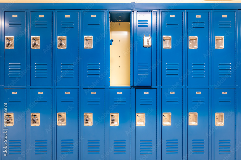 Wall mural single open empty blue metal locker along a nondescript hallway in a typical us high school. no iden