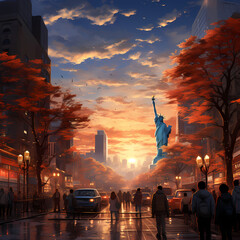 Fototapeta premium New York streets with people and cars in autumn, looking at the Statue of Liberty