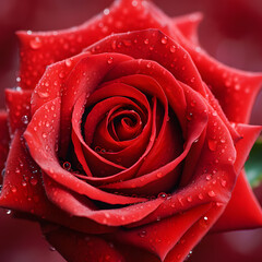 vibrant red rose with dew drops on its petals, showcasing its intricate pattern and natural beauty against a dark background