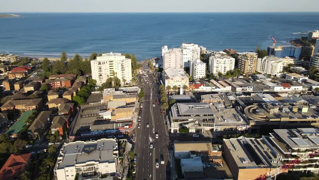 Aerial drone view above Cronulla in the Sutherland Shire, South Sydney, NSW Australia looking in the east direction on a sunny afternoon in September 2023  