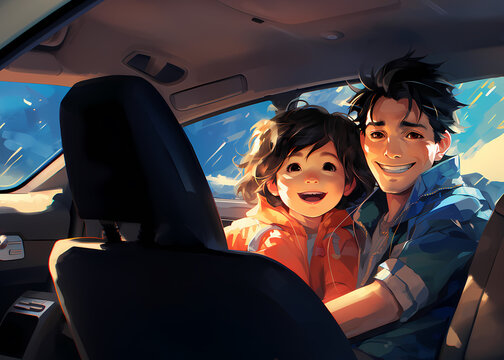 Father and son inside a car having a family trip, happiness, smiling, anime style