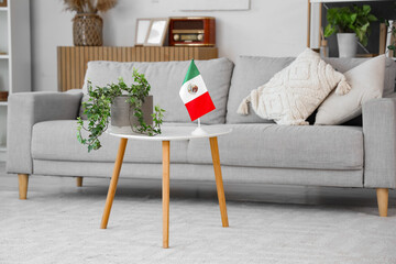 Mexican flag with plant on table in interior of living room