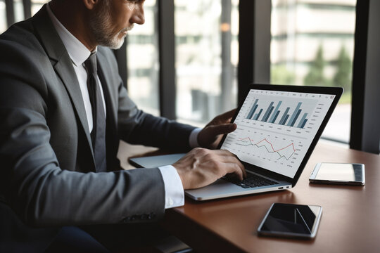 Focused Businessman Analyzing Charts Of Sales Data On His Laptop In A Professional Office Setting, Data-driven Decision-making And Business Analysis, Business Intelligence, Performance Evaluation