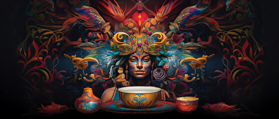 Vividly colorful Illustration of a spiritual hallucinogenic trip with natural medicines containing DMT used by a Shaman. A healing ritual that heals the mind and spirit.