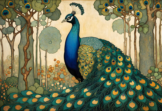 Decorative art nouveau illustration of a peacock in profile in an ornate floral forest background
