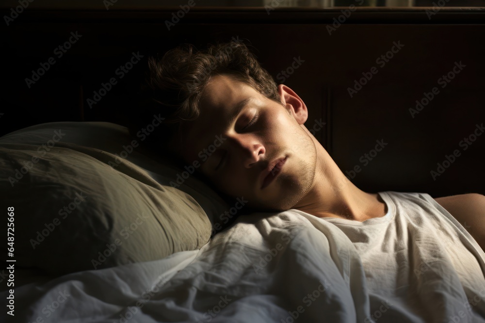 Poster caucasian man restless trying to sleep in dark background generative ai