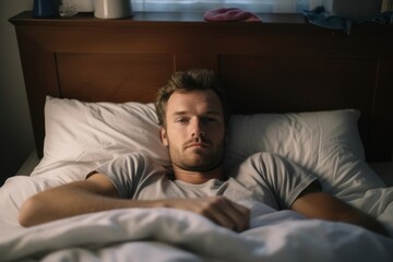Obraz premium Overhead Caucasian Man Drowsy In Bed In Dark Background Generative AI