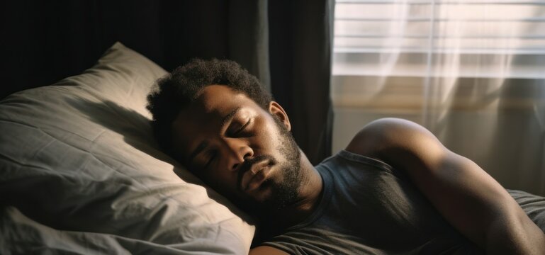 Black Male Drowsy In Bed In Dark Background Generative AI