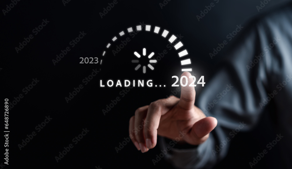 Poster loading progress from 2023 to 2024 to countdown merry christmas and happy new year, planning and cha