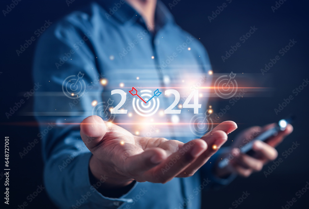 Poster goal happy planning and challenge strategy business in new year 2024 with chart graph and countdown 