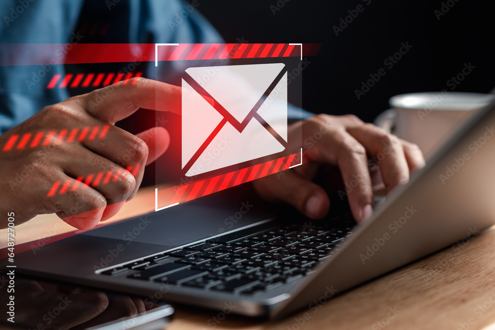 Poster Alert Email inbox and spam virus with warning caution for notification on internet letter security protect, junk and trash mail and compromised information.