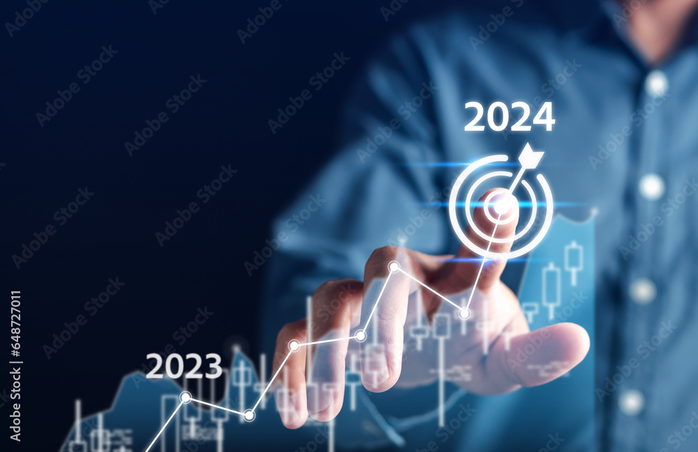 Fototapete goal happy planning and challenge strategy business in new year 2024 with chart graph and countdown 