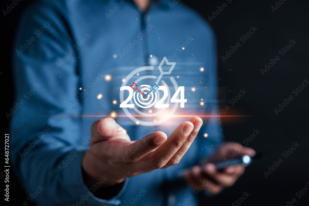 Poster goal happy planning and challenge strategy business in new year 2024 with chart graph and countdown 