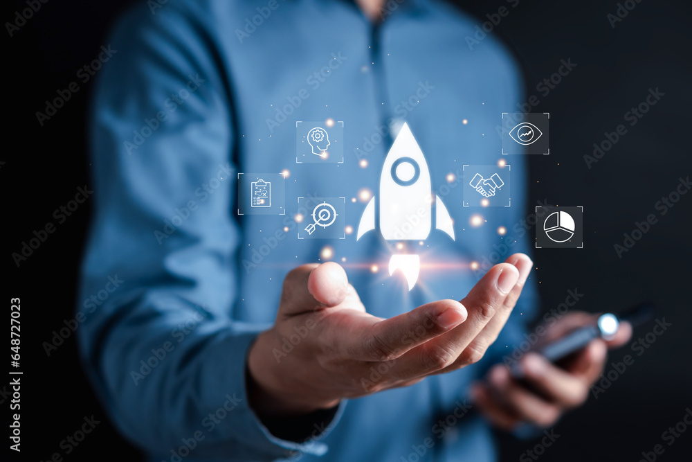Aufkleber start up business growth aiming to success with rocket launch icon, planning development leadership 