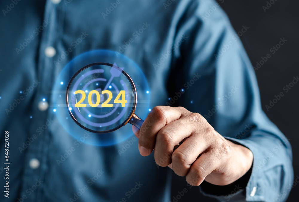 Poster goal of happy planning and challenge strategy business in new year 2024 with chart graph and countdo