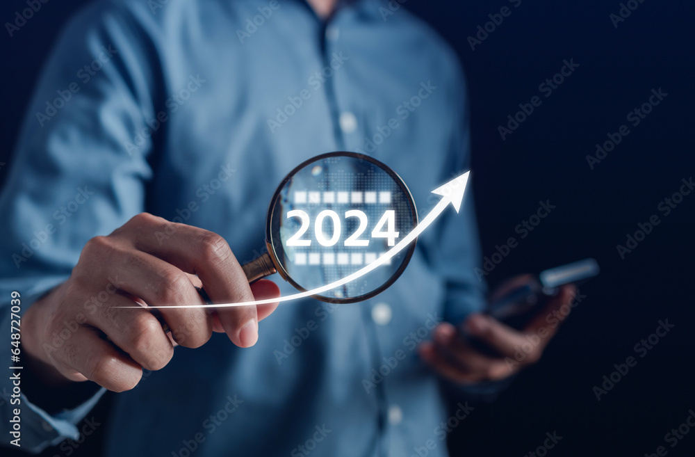 Poster goal of happy planning and challenge strategy business in new year 2024 with chart graph and countdo