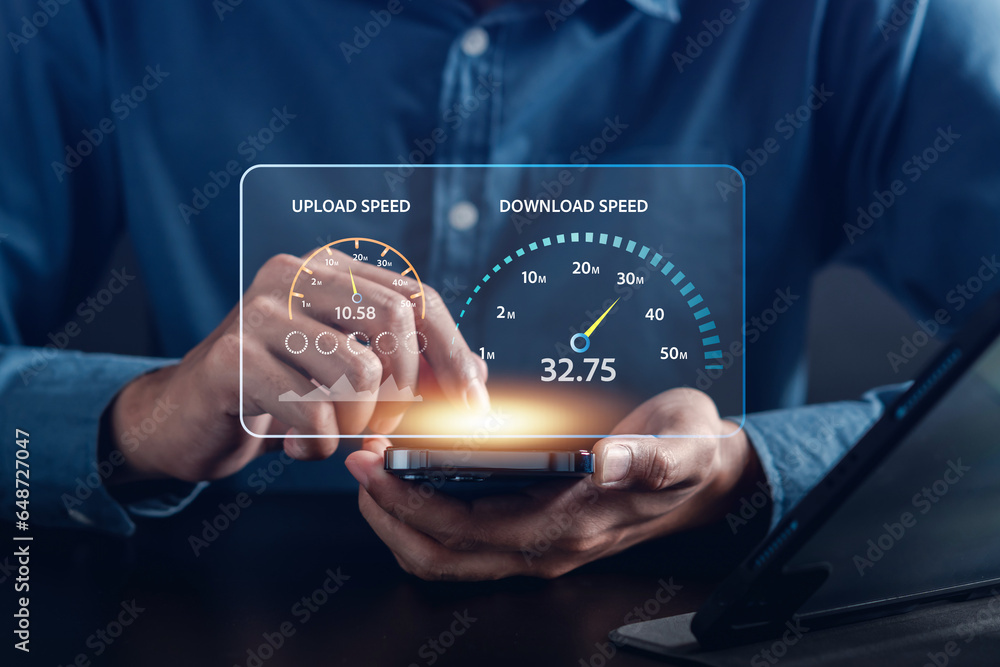 Fototapete Fast internet connection speedtest bandwidth network technology, Man using Internet high speed by smartphone 5G quality, speed optimization...