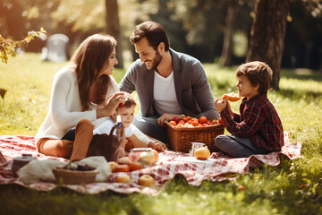family is having a picnic on a blanket in the park. They are surrounded by greenery and bathed in sunlight. The individuals are focused on each other and the food - obrazy, fototapety, plakaty
