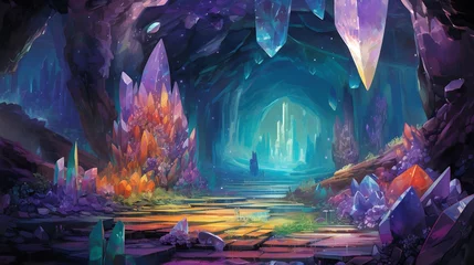 Zelfklevend Fotobehang 水晶やアメジストに囲まれた幻想的で美しい洞窟 © manaimana