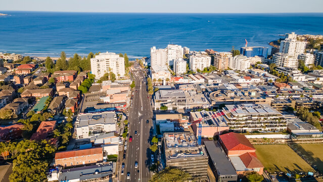 Aerial drone view above Cronulla in the Sutherland Shire, South Sydney, NSW Australia looking in the east direction on a sunny afternoon in September 2023  