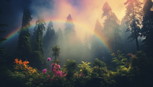 Rainbow in the Forest - Stunning, Magical Landscape, Trees, Flowers and Clouds