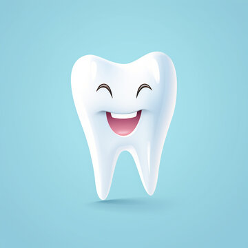 fr&ouml;hlicher lachender Zahn mit Augen und Mund auf hellblauem Hintergrund. Quadratisch. Generative Ai.
