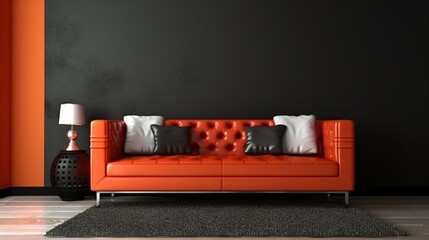 A Bright orange Couch Set Against a Vibrant Colored Wall.