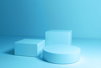 Blue 3D background with realistic cylinder and square pedestal podium set in empty studio room. Luxury minimal wall scene mockup product display. Abstract geometric platforms design.Stage showcase