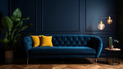 Fototapeta na wymiar Navy Blue Couch with Pillows Near a Vibrant Colored Wall.