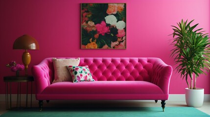 Bright Pink Couch with Pillows Near a Vibrant Colored Wall.