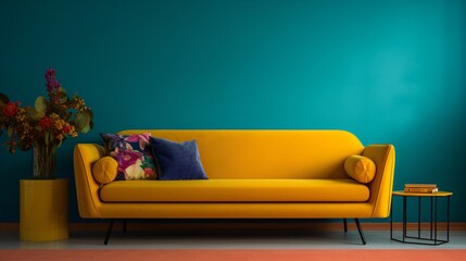 Yallow Couch by a Colorful Wall.