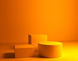 Orange 3D background with realistic cylinder and square pedestal podium set in empty studio room. Luxury minimal wall scene mockup product display. Abstract geometric platforms design.Stage showcase