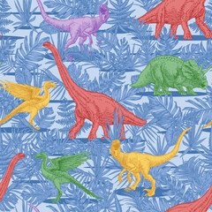 HAND DRAWN PATTERN SEAMLESS DINOSAUR TROPICAL JUNGLE FLOWER FLORAL PALM TREE BRONTOSAURUS ARCHAEOPTERYX TRICERATOPS VELOCIRAPTOR LIZARD ANIMAL NATURE WILDLIFE © Megan