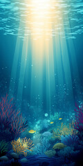 日の光が差し込むサンゴ礁の水彩イラスト
