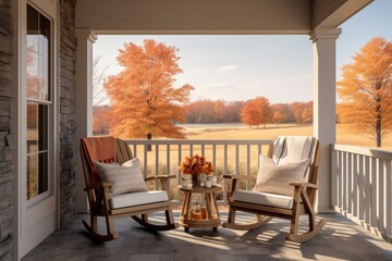 Breathtaking fall autumn front porch with nature views and orange yellow red trees and minimally designed with traditional outdoor patio furniture