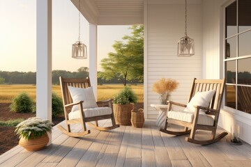 Breathtaking cottage-core traditional modern farmhouse porch exterior with white siding outdoor pendant lighting with cozy rocking chairs with nature views sunny golden hour morning light