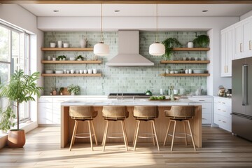 Sophisticated chic spacious mid century modern kitchen interior with bar and island and green neutral colors with marble countertops backsplash and open shelving - obrazy, fototapety, plakaty