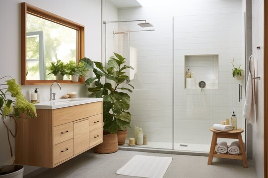 Charming zen organic sustainable modern bathroom interior with wood vanity and glass shower with built in and skylight with plants