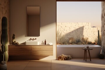 desert minimal modern bathroom interior with expansive modern windows and cacti plants in summer golden hour 