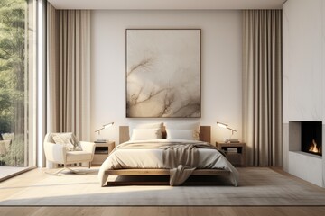 Beautiful zen cozy comfort primary bedoom neutral interior with art and nature views and minimal mid century modern furniture