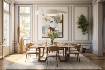 Spacious neutral open concept traditional Scandinavian modern farmhouse dining room interior with plants art and warm cozy furniture