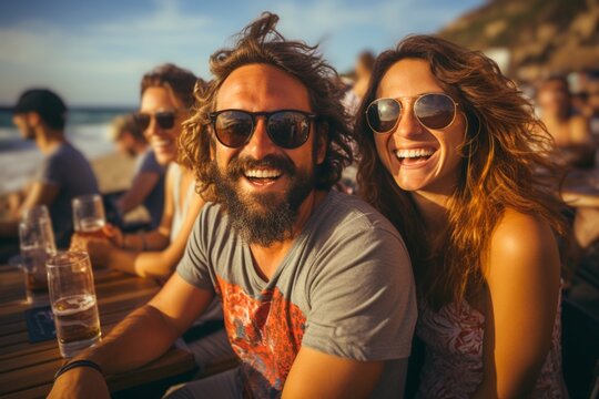 Gente alegre en la playa tomando cervezas