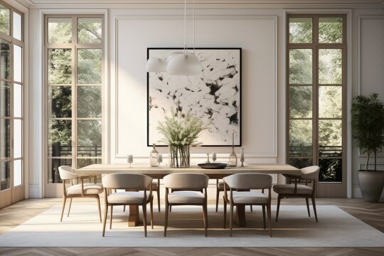 Beautiful zen cozy comfort dining room neutral interior with art and nature views and minimal mid century modern furniture